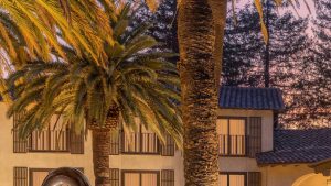 Palm trees in front of a lit building at dusk at Casa Mani Resort Napa Valley
