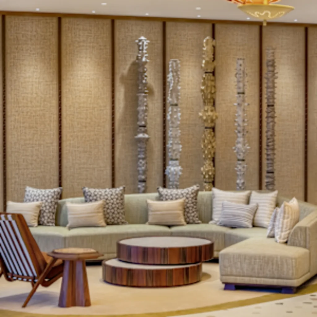 A lounge at Ka La'i Waikiki Beach with a long beige sectional sofa and patterned cushions